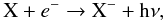 Mathematical equation: \begin{equation} \mathrm{X} + e^- \rightarrow \mathrm{X^- + h\nu}, \end{equation}