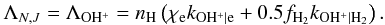 Mathematical equation: \appendix \setcounter{section}{1} \begin{equation} \Lambda_{N,J} = \Lambda_{\mathrm{OH^+}} = n_{\mathrm{H}} \left(\chi_{\mathrm{e}} k_{\mathrm{OH^+|e}} + 0.5 f_{\mathrm{H_2}} k_{\mathrm{OH^+|H_2}}\right). \label{eq:destohplus} \end{equation}