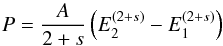 Mathematical equation: \begin{equation} \label{E:total.flux.solution} P = \frac{A}{2+s}\left(E_2^{\left(2+s\right)} - E_1^{\left(2+s\right)}\right) \end{equation}