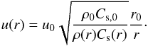 Mathematical equation: \begin{equation} u(r) = u_0 \sqrt{\frac{\rho_0 C_{\rm s,0}}{\rho(r) C_{\rm s}(r)}}\frac{r_0}{r}\cdot \label{Ampli_U_Sph} \end{equation}
