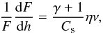 Mathematical equation: \begin{equation} \frac{1}{F}\frac{{\rm d}F}{{\rm d}h} = \frac{\gamma+1}{C_{\rm s}}\eta \nu, \label{Dissipation} \end{equation}