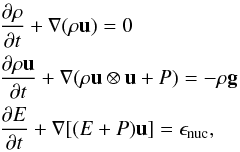 Mathematical equation: \begin{eqnarray} &&\frac{\partial \rho}{\partial t} + \vec{\nabla}(\rho \vec{u}) = 0 \nonumber \\ && \frac{\partial \rho \vec{u}}{\partial t} + \vec{\nabla}(\rho \vec{u}\otimes\vec{u} + P) = -\rho\vec{g} \nonumber \\ && \frac{\partial E}{\partial t} + \vec{\nabla}[(E+P)\vec{u}] = \epsilon_{\rm nuc}, \end{eqnarray}