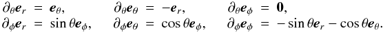 Mathematical equation: \begin{equation} \begin{array}{rclrclrcl} \dt \er &=& \et, & \dt \et &=& -\er, & \dt \ep &=& \vect{0}, \\ \dph \er &=& \sint \ep,\quad & \dph \et &=& \cost \ep, \quad & \dph \ep &=& -\sint \er - \cost \et. \end{array} \end{equation}