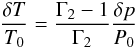 Mathematical equation: \begin{equation} \frac{\delta T}{T_0} = \frac{\Gamma_2 - 1}{\Gamma_2} \frac{\delta p}{P_0} \end{equation}