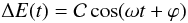 Mathematical equation: \begin{equation} \Delta E(t) = \mathcal{C} \cos (\omega t + \varphi) \end{equation}