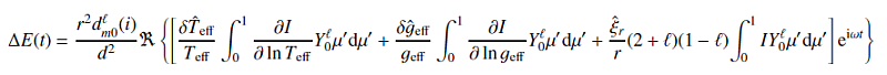 Mathematical equation: \begin{eqnarray} \Delta E(t) = \frac{r^2 d^{\l}_{m0}(i)}{d^2} \Re\left\{ \left[\frac{\delta \hTeff}{\Teff} \int_0^1 \dpart{I}{\ln\Teff} Y_0^{\l} \mu' \mathrm{d}\mu' + \frac{\delta \hgeff}{\geff} \int_0^1 \dpart{I}{\ln\geff} Y_0^{\l} \mu' \mathrm{d}\mu' + \frac{\hat{\xi}_r}{r} (2 + \l)(1 - \l) \!\int_0^1 I Y_0^{\l} \mu' \mathrm{d}\mu' \right] {\rm e}^{{\rm i}\omega t}\right\} \label{eq:1D_integration} \end{eqnarray}