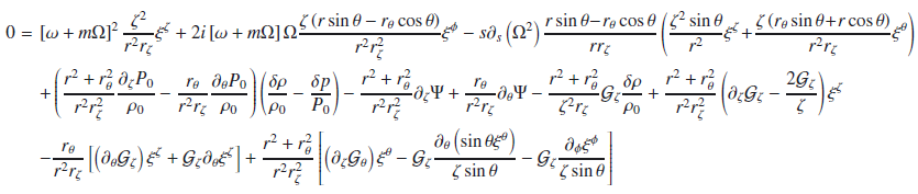 Mathematical equation: \appendix \setcounter{section}{1} \begin{eqnarray} 0 &=& \vlp^2 \frac{\zeta^2}{r^2\rz} \xicz + 2i\vlp\Omega\frac{\zeta\left(r\sint-\rt\cost\right)}{r^2\rz^2}\xicp - s\ds\left(\Omega^2\right)\frac{r\sint\!-\!\rt\cost}{r\rz} \left(\frac{\zeta^2\sint}{r^2}\xicz \! +\! \frac{\zeta\left(\rt\sint\!+\!r\cost\right)}{r^2\rz}\xict\right) \nonumber \\ & &+\left(\frac{r^2+\rt^2}{r^2\rz^2} \frac{\dz P_0}{\rho_0} - \frac{\rt}{r^2\rz} \frac{\dt P_0}{\rho_0}\right) \left(\frac{\delta \rho}{\rho_0} - \frac{\delta p}{P_0}\right) - \frac{r^2+\rt^2}{r^2\rz^2} \dz \Psi + \frac{\rt}{r^2\rz} \dt \Psi - \frac{r^2+\rt^2}{\zeta^2\rz}\Gz\frac{\delta \rho}{\rho_0} + \frac{r^2+\rt^2}{r^2\rz^2}\left(\dz\Gz - \frac{2\Gz}{\zeta}\right) \xicz \nonumber \\ & &-\frac{\rt}{r^2\rz} \left[\left(\dt \Gz\right)\xicz + \Gz \dt \xicz\right] + \frac{r^2+\rt^2}{r^2\rz^2} \left[ \left(\dz\Gt\right)\xict - \Gz \frac{\dt \left(\sint\xict\right)}{\zeta\sint} - \Gz \frac{\dphi\xicp}{\zeta\sint}\right] \end{eqnarray}