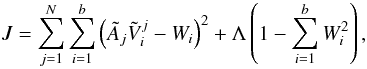 Mathematical equation: \appendix \setcounter{section}{4} \begin{equation} J = \sum_{j=1}^{N} \sum_{i=1}^{b} \left( \tilde{A}_j \tilde{V}_i^j - W_i \right)^2 + \Lambda\left(1 - \sum_{i=1}^{b} W_i^2 \right), \label{eq:cost} \end{equation}