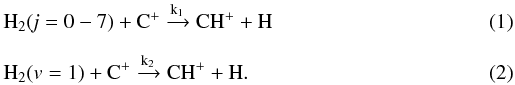 Mathematical equation: \begin{eqnarray} && \mathrm{H_2({\it j} = 0-7) + C^+ \xrightarrow{k_1} CH^+ + H} \label{chp_form_1} \\[2mm] && \mathrm{H_2 ({\it v}=1) + C^+ \xrightarrow{k_2} CH^+ + H.} \end{eqnarray}