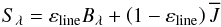 Mathematical equation: \begin{equation} S_\lambda = \varepsilon_{\rm line} B_\lambda + \left(1 - \varepsilon_{\rm line}\right) \overline{J} \end{equation}