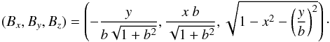 Mathematical equation: \begin{equation} (B_x,B_y,B_z) = \left(-\frac{y}{b \sqrt{1+b^2}},\frac{x~b}{\sqrt{1+b^2}}, \sqrt{1-x^2-\left( \frac{y}{b}\right)^2} \right) \cdot \label{eq_BJ} \end{equation}