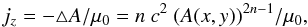 Mathematical equation: \begin{equation} \label{eq_jz} j_z = -\triangle A / \mu_0 = n~c^2 ~(A(x,y))^{2n-1} / \mu_0 , \end{equation}