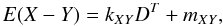 Mathematical equation: \begin{equation} \label{eq:kxy} E(X-Y)=k_{XY} D^T + m_{XY}, \end{equation}