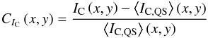 Mathematical equation: \begin{equation} \cicn\left(x,y\right)=\frac{\icn\left(x,y\right)-\mqsicn(x,y)}{\mqsicn\left(x,y\right)} \label{intensity_contrast} \end{equation}