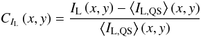 Mathematical equation: \begin{equation} \cilc\left(x,y\right)=\frac{\ilc\left(x,y\right)-\mqsilc(x,y)}{\mqsilc\left(x,y\right)} \label{linecore_contrast} \end{equation}