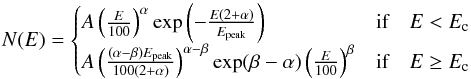Mathematical equation: \begin{equation} N(E) = \begin{cases} A \left( \tfrac{E}{100} \right )^{\alpha}\exp\left ( - \frac{E(2+\alpha)}{E_{\rm peak}} \right ) & $if$ \quad E < E_{\rm c}\\ A \left(\frac{(\alpha - \beta)E_{\rm peak}}{100(2+\alpha)} \right)^{\alpha - \beta} \exp(\beta - \alpha) \left(\frac{E}{100}\right)^{\beta} & $if$ \quad E \geq E_{\rm c} \end{cases} \end{equation}