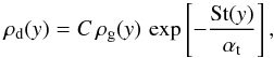 Mathematical equation: \begin{equation} \rhodust(y) = C \, \rhogas(y) \, \exp\left[ -\frac{\St(y)}{\alphat}\right], \label{eq:rhodust_analytical} \end{equation}