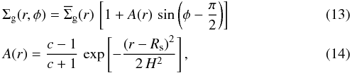 Mathematical equation: \begin{eqnarray} \label{eq:gas_profile} &&\Siggas(r,\phi) = \overline{\Sigma}_\mathrm{g}(r) \, \left[1 + A(r) \, \sin\left(\phi - \frac{\pi}{2}\right)\right]\\ &&A(r) = \frac{c-1}{c+1}\, \exp\left[-\frac{\left(r-R_\mathrm{s}\right)^2}{2\,H^2}\right], \end{eqnarray}