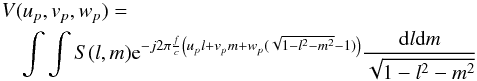 Mathematical equation: \begin{eqnarray} \label{vis} \nonumber \lefteqn{V(u_p,v_p,w_p)=}&&\\ &&\int\int S(l,m) {\rm e}^{-j 2\pi \frac{f}{c}\left(u_p l+v_p m+ w_p(\sqrt{1-l^2-m^2}-1)\right)} \frac{{\rm d}l {\rm d}m}{\sqrt{1-l^2-m^2}} \end{eqnarray}