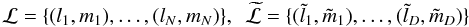Mathematical equation: \begin{equation} \label{pixelpos} \mathcal{L}=\{(l_1,m_1),\ldots,(l_N,m_N)\},\ \ \widetilde{\mathcal{L}}=\{(\tilde{l}_1,\tilde{m}_1),\ldots,(\tilde{l}_D,\tilde{m}_D)\} \end{equation}