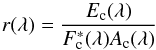 Mathematical equation: \begin{equation} r(\lambda) = \frac{E_{\rm c}(\lambda)}{F^*_{\rm c}(\lambda)A_{\rm c}(\lambda)} \label{veil4} \end{equation}