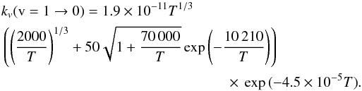 Mathematical equation: \begin{eqnarray} k_v({\rm v}=1\rightarrow0) =1.9 \times 10^{-11} T^{1/3}\nonumber\\ \left(\left(\frac{2000}{T}\right)^{1/3}+50 \sqrt{1+\frac{70\,000}{T}}\exp{\left(-\frac{10\,210}{T}\right)}\right)\nonumber\\ \times\,\exp{(-4.5\times 10^{-5} T)}. \label{eq_CO_e_ProdiMo} \end{eqnarray}