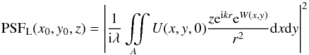 Mathematical equation: \begin{equation} {\rm PSF}_{\rm L}(x_0, y_0, z) = \left|\frac{1}{{\rm i}\lambda}\iint\limits_{A}U(x,y,0)\frac{z{\rm e}^{{\rm i}kr}{\rm e}^{W(x,y)}}{r^2}\dx \dy\right|^2 \label{eq_aber_diff} \end{equation}