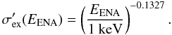 Mathematical equation: \begin{equation} \sigma_{\rm ex}'(E_{\rm ENA}) = \left( \frac{E_{\rm ENA}}{\rm 1~keV} \right)^{-0.1327}. \end{equation}