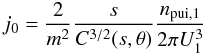 Mathematical equation: \begin{equation} j_0 = \frac{2}{m^2} \frac{s}{C^{3/2}(s, \theta)} \frac{n_{\rm pui,1}}{2\pi U_{1}^{3}} \label{eq-j0-pui-0} \end{equation}