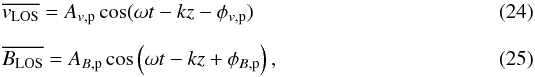 Mathematical equation: \begin{eqnarray} \label{eq:v_fsp} && \overline{v_{\mathrm{LOS}}} = A_{v\mathrm{,p}}\cos(\omega t - kz - \phi_{v{\mathrm{,p}}}) \\[2mm] \label{eq:B_fsp} && \overline{B_{\mathrm{LOS}}} = A_{B\mathrm{,p}} \cos\left(\omega t -kz + \phi_{B{\mathrm{,p}}}\right), \end{eqnarray}