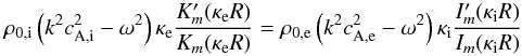 Mathematical equation: \begin{equation} \rho_{0\mathrm{,i}}\left(k^2c_{\mathrm{A,i}}^2-\omega^2\right)\kappa_{\mathrm{e}}\frac{K_m'(\kappa_{\mathrm{e}} R)}{K_m(\kappa_{\mathrm{e}} R)} = \rho_{0\mathrm{,e}}\left(k^2c_{\mathrm{A,e}}^2-\omega^2\right)\kappa_{\mathrm{i}}\frac{I_m'(\kappa_{\mathrm{i}} R)}{I_m(\kappa_{\mathrm{i}} R)} \end{equation}