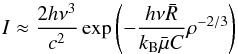 Mathematical equation: \begin{eqnarray*} I \approx \frac{2 h \nu^3}{c^2}\exp\left(-\frac{h \nu \bar{R}}{k_{\mathrm{B}}\bar{\mu} C} \rho^{-2/3}\right) \end{eqnarray*}