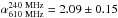 Mathematical equation: \hbox{$\alpha_{\rm 610~MHz}^{\rm 240~MHz}=2.09\pm0.15$}
