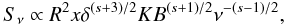 Mathematical equation: \begin{equation} S_\nu\propto R^{2}x\delta^{(s+3)/{2}}K B^{{(s+1)}/{2}}\nu^{-(s-1)/{2}}, \label{snu} \end{equation}