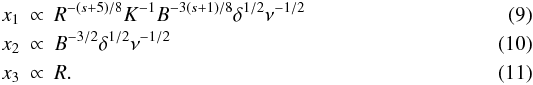 Mathematical equation: \begin{eqnarray} x_1&\propto& R^{-(s+5)/8} K^{-1}B^{-3(s+1)/8}\delta^{1/2}\nu^{-1/2}\\ x_2&\propto& B^{-3/2}\delta^{1/2}\nu^{-1/2}\\ x_3&\propto& R. \end{eqnarray}