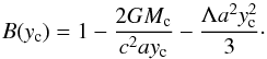 Mathematical equation: \begin{equation} B(y_{\rm c})=1 - {2 G M_{\rm c}\over c^2 a y_{\rm c}} - {\Lambda a^2 y_{\rm c}^2\over 3}\cdot \end{equation}