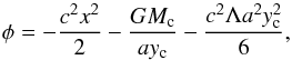 Mathematical equation: \begin{equation} \phi = - {c^2 x^2\over 2} - {G M_{\rm c}\over a y_{\rm c}} - {c^2 \Lambda a^2 y_{\rm c}^2\over 6}, \end{equation}