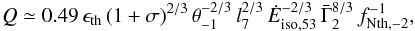 Mathematical equation: \begin{equation} Q \simeq 0.49 \, \epsilon_{\rm th}\, (1+\sigma)^{2/3} \, \theta_{-1}^{-2/3}\, l_7^{2/3}\,{\dot E}_{\rm iso, 53}^{-2/3}\,{\bar \Gamma}_2^{8/3}\,f_{\rm Nth,-2}^{-1} , \label{eq_Qmag} \end{equation}