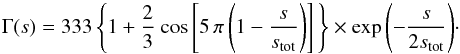 Mathematical equation: \begin{equation} \label{eqn_gp_complex} \Gamma(s)=333 \left\lbrace 1+\frac{2}{3} \ {\rm cos}\left[5\,\pi \left( 1-{s\over s_{\rm tot}}\right)\right]\,\right\rbrace\times \exp{\left(-{s\over 2 s_{\rm tot}}\right)} \cdot \end{equation}