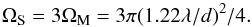 Mathematical equation: \begin{equation} \label{eqn:oms} \Omega_{\rm S} = 3 \Omega_{\rm M} = 3 \pi (1.22 \lambda / d)^2/4. \end{equation}