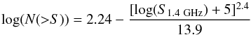 Mathematical equation: \begin{equation} \label{eqn:nofs} {\rm log}(N({>}S)) = 2.24 - {[{\rm log}(S_{1.4~{\rm GHz}})+5]^{2.4}\over 13.9} \end{equation}