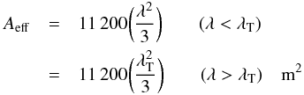 Mathematical equation: \begin{eqnarray} \label{eqn:ska1lae} A_{\rm eff} & = & 11\,200\bigg({\lambda^2 \over 3}\bigg) \qquad (\lambda < \lambda_{\rm T}) \\ \nonumber & = & 11\,200\bigg({\lambda_{\rm T}^2 \over 3}\bigg) \qquad (\lambda > \lambda_{\rm T}) \quad {\rm m^2} \end{eqnarray}