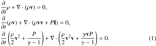 Mathematical equation: \begin{eqnarray} \label{hd} &&\frac{\partial}{\partial t}\rho+\nabla\cdot(\rho{\vec v})=0, \nonumber\\ &&\frac{\partial}{\partial t}(\rho{\vec v})+\nabla\cdot(\rho{\vec v}{\vec v}+P{\vec I})=0, \nonumber\\ &&\frac{\partial}{\partial t}\left(\frac{\rho}{2}{\vec v}^2+\frac{P}{\gamma-1}\right)+\nabla\cdot\left(\frac{\rho}{2}{\vec v}^2{\vec v}+ \frac{\gamma{\vec v}P}{\gamma-1}\right)=0. \end{eqnarray}