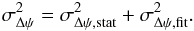 Mathematical equation: \begin{equation} \sigma^2_{\Delta\psi}=\sigma^2_{\Delta\psi,\mathrm{stat}}+\sigma^2_{\Delta\psi,\mathrm{fit}}. \label{equation:noiseGeneralEquation} \end{equation}
