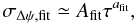Mathematical equation: \begin{equation} \sigma_{\Delta\psi,\mathrm{fit}} \simeq A_\mathrm{fit} \tau^{a_\mathrm{fit}}, \label{equation:approx} \end{equation}