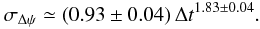 Mathematical equation: \begin{equation} \sigma_{\Delta \psi} \simeq (0.93 \pm 0.04) \, \Delta t^{1.83 \pm 0.04}. \label{equation:equationFit} \end{equation}