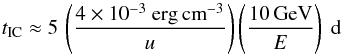 Mathematical equation: \begin{equation} {t}_\mathrm{IC} \approx 5 \, \left(\frac{4\times10^{-3}\ {\rm erg\,cm}^{-3}}{u}\right) \left(\frac{10\, \mathrm{GeV}}{E}\right)~\mathrm{d} \end{equation}