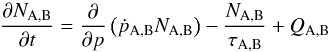 Mathematical equation: \begin{eqnarray} \label{eq_evol} \frac{\partial N_{\rm A,B}}{\partial t} = \frac{\partial}{\partial p} \left( \dot{p}_{\rm A,B} N_{\rm A,B} \right) - \frac{N_{\rm A,B}}{\tau_{\rm A,B}} + Q_{\rm A,B} \end{eqnarray}