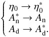 Mathematical equation: $$ \left\{ \begin{array} {l@{\quad}l} \eta_0 \rightarrow \eta_0^* \\ A_{\rm n}^* \rightarrow A_{\rm n} \\ A_{\rm d} \rightarrow A_{\rm d}^*. \end{array}\right. $$