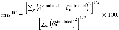 Mathematical equation: \begin{eqnarray} \label{eq:calcul_erreur_cartes_aberrations} \text{rms}^{\text{diff}} = \frac{\Brack{\sum_{\rho} \Paren{\delta_{\rm u}^\text{simulated}-\delta_{\rm u}^\text{estimated}}^2}^{1/2}}{\Brack{\sum_{\rho} \Paren{\delta_{\rm u}^\text{simulated}}^2}^{1/2}} \times 100. \end{eqnarray}